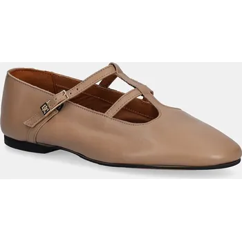 Dámské baleríny Kožené baleríny Tommy Hilfiger SMOOTH LEATHER T-BAR BALLERINA béžová barva, FW0FW09153 80X, EUR 40