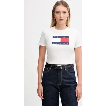 Bavlněné tričko Tommy Jeans dámské, bílá barva, DW0DW22562 00X, vel. XXS