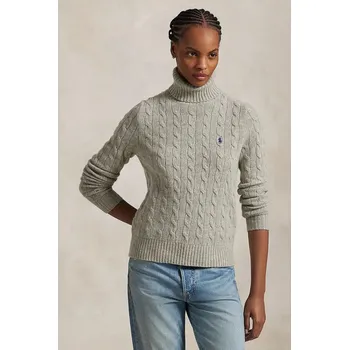 Dámský svetr Vlněný svetr Polo Ralph Lauren dámský, šedá barva, lehký, s golfem, 211888686 09X, vel. XS