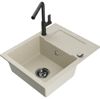 Kuchyňský dřez MEXEN/S - Enzo granitový dřez 1-miska s odkapávačem včetně baterie Flora, béžová 6506-69-670401-70-B