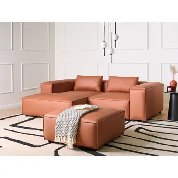 Pohovka Modulární pohovka zlatohnědá veganská umělá kůže 3místná pravostranná rohová pohovka s taburetem moderní minimalistický styl obývací pokoj Beliani