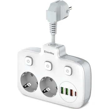 Napájecí kabel COLORWAY Prodlužovací napájecí přívod/ 2x Schuko/ 3x USB-A/ 1x USB-C / kabel 2,5cm