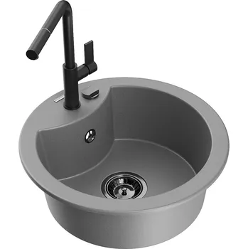 Granitový dřez MEXEN/S - Diego granitový dřez 1-miska včetně baterie Flora, šedá 6512-71-670401-70-B