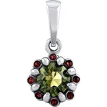 Zlatý přívěsek Basilie z bílého zlata s přírodním vltavínem a granáty