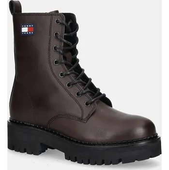Dámská zimní obuv Kožené workery Tommy Jeans TJW URBAN LACE UP BOOT dámské, hnědá barva, na plochém podpatku, EN0EN02907 89X, EUR 41