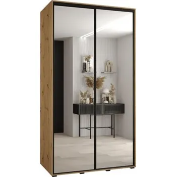 Šatní skříň Šatní skříň s posuvnými zrcadlovými dveřmi DAVOS 140cm | DUB Artisan / černé pojezdy