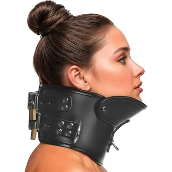 BDSM obojek Master Series Rigid Locking Posture Collar with Chin Brace Black