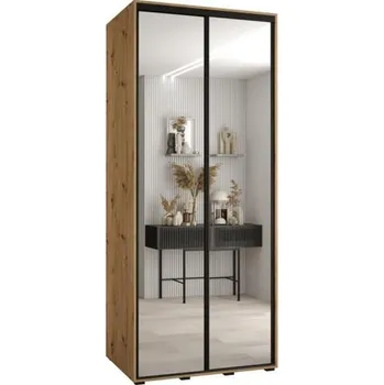 Šatní skříň Šatní skříň s posuvnými zrcadlovými dveřmi DAVOS 120cm | DUB Artisan / černé pojezdy