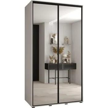 Šatní skříň Šatní skříň s posuvnými zrcadlovými dveřmi DAVOS 140cm | Bílá / černé pojezdy