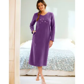 Dámská noční košile Blancheporte Fleecová noční košile s výšivkou, dlouhé rukávy švestková 38/40