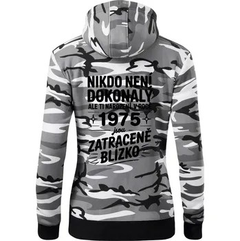 Dámská mikina Nikdo není dokonalý ale ti narození v roce 1975 jsou zatraceně blízko - Dámská mikina trendy zipper s kapucí - XS ( Šedý maskáč )