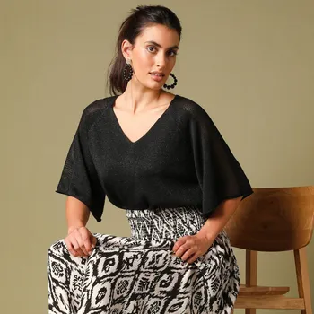 Dámská halenka Blancheporte Halenka se širokými rukávy k loktům z úpletu s metalickými vlákny černá 50