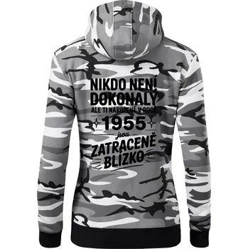 Dámská mikina Nikdo není dokonalý ale ti narození v roce 1955 jsou zatraceně blízko - Dámská mikina trendy zipper s kapucí - XS ( Šedý maskáč )