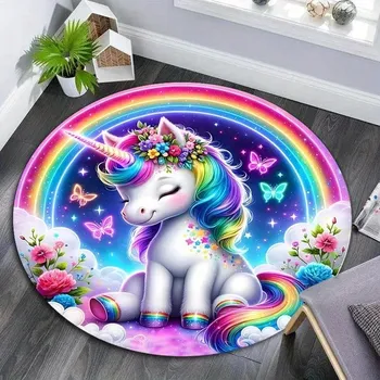 Koberec Unicorn duhový kulatý koberec měkký | dětský koberec, dekorativní koberec - BJT-250620000485 , Průměr 120 cm (47 palců)