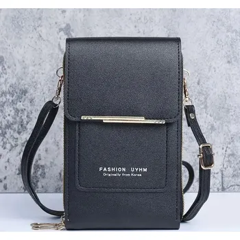 Peněženka Stylová kožená peněženka na mobil | dámská peněženka, crossbody kabelka - černý