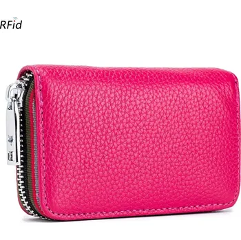 Peněženka Elegantní kožený držák karet s kapsou | kožená peněženka, držák karet - Růžová červená