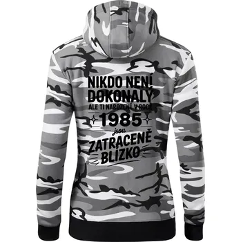 Dámská mikina Nikdo není dokonalý ale ti narození v roce 1985 jsou zatraceně blízko - Dámská mikina trendy zipper s kapucí - 2XL ( Šedý maskáč )