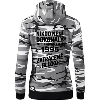 Dámská mikina Nikdo není dokonalý ale ti narození v roce 1995 jsou zatraceně blízko - Dámská mikina trendy zipper s kapucí - S ( Šedý maskáč )