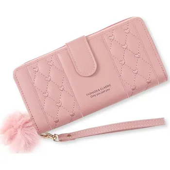 Peněženka Dlouhá koženková peněženka s držákem karet | dámská peněženka, organizér karet - Růžový