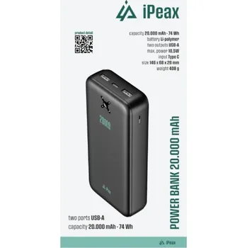 Powerbanka iPEAX Powerbanka 20 000 mAh 10,5W 2x USB-A, černá