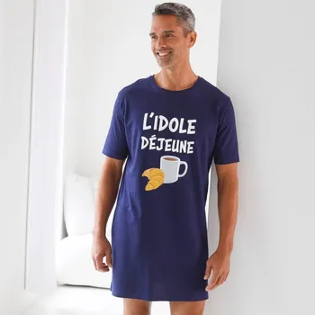 Pánská móda Pyžamové maxi tričko s potiskem kávy a croissantu nám.modrá 127/136 (3XL)