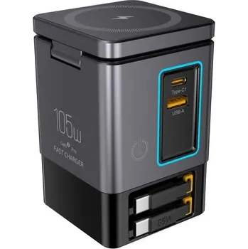 Nabíjecí stanice PowerCombo Tower 6v1 GaN3 Pro s bezdrátovým nabíjením, 105W, šedá