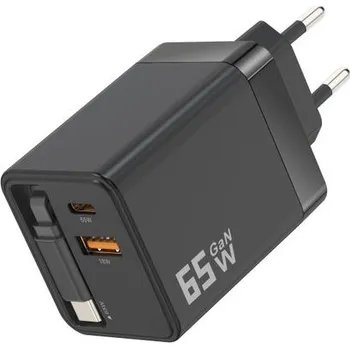 65W GaN nabíječka s USB-A a USB-C, výsuvným kabelem USB-C a rychlým nabíjením, QC3.0, PD 3.0, černá