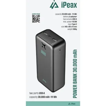 Powerbanka iPEAX Powerbanka 30 000 mAh 10,5W 2x USB-A, černá