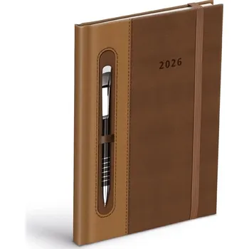 Diář Týdenní diář 2026 MFP T805 A5, s gumičkou a prostorem na propisku - PU dark brown/beige