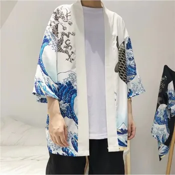 Pánský svetr Pánský kimono cardigan s potiskem bílá XS