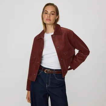 Dámský kabát Reserved - Manšestrová bunda s límcem - hnědá - UA728-83X - UA728-83X-S