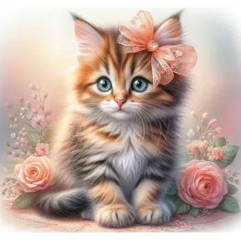 Diamantové malování NORIMPEX Diamantové malování Koťátko s mašlí a růžemi 30x40cm