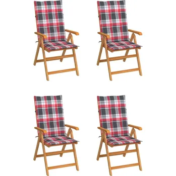 Zahradní židle 4 ks červené kárované podušky masivní teak IM_3065543
