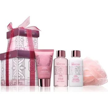 Kosmetická sada IDC INSTITUTE Scented Bath Rose Double Gift Set sprchový gel 100 ml + tělové mléko 100 ml + krém na ruce 50 ml + mycí houba 1 ks kosmetická sada