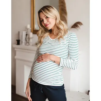 Těhotenská móda Milk & Love Těhotenské a kojící tričko 3v1 Milk shirt zeleno bílé pruhované bavlněné 3/4 rukáv Velikost: XL