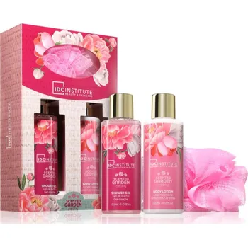 Kosmetická sada IDC INSTITUTE Scented Garden Perfect Shower mycí houba 1 ks + sprchový gel 150 ml + tělové mléko 150 ml kosmetická sada