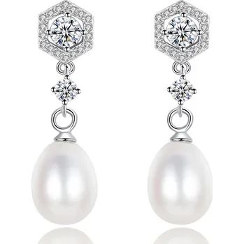 Náušnice Visací stříbrné náušnice s říční perlou a zirkony - Meucci SYE155