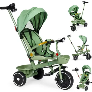 Dětská tříkolka Trojkolka 2v1 otočné sedadlo skládací stříška zelená - ECOTOYS