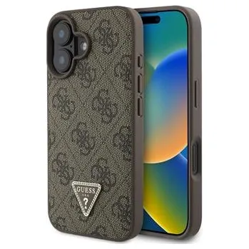 Telefonní příslušenství Guess PU 4G Strass Triangle Metal Logo Zadní Kryt pro iPhone 16 Brown