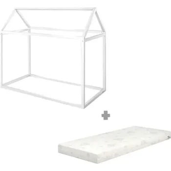 Dětská postel Bílá domečková dětská postel z borovicového dřeva s matrací/bez roštu 70x140 cm House Bed – Roba ID_1789826