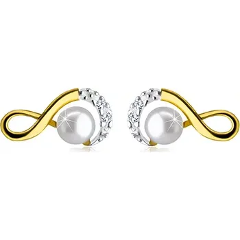 Náušnice Zlaté náušnice 585 - symbol nekonečna ozdobený zirkonky a kulatou perlou, puzetky