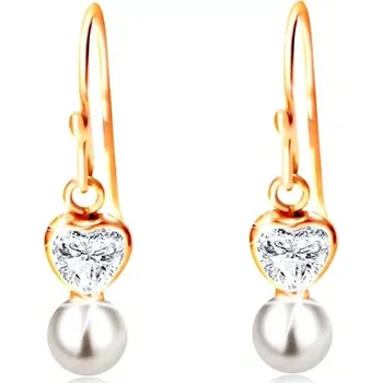 Náušnice Náušnice ve žlutém 14K zlatě - čiré srdíčko a bílá kulatá perla na háčku
