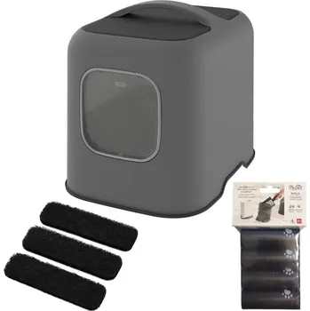 Toaleta pro kočku Rotho MyPet BIALA kočičí toaleta - výhodné balení: kočičí toaleta anthrazit + 3 x Aktivní filtr + 4 x sáčky