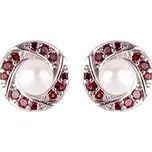 stříbrné náušnice s českým granátem - kolečko perla (6371512) povrchová úprava: rhodiované
