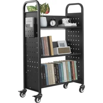 Pojízdný knihovní vozík VEVOR, nosnost 150 kg, 77 x 38 x 122 cm, jednostranné police ve tvaru V s uzamykatelnými kolečky 76,2 mm, knihoven do domácnosti, kanceláře a školy, černý