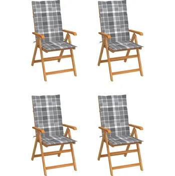 Zahradní židle 4 ks šedé kárované podušky masivní teak IM_3065544