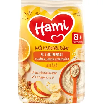 Dětská kaše Hami Mléčná kaše na dobré ráno se 7 obilninami, s jablkem, banánem a pomerančem 210 g
