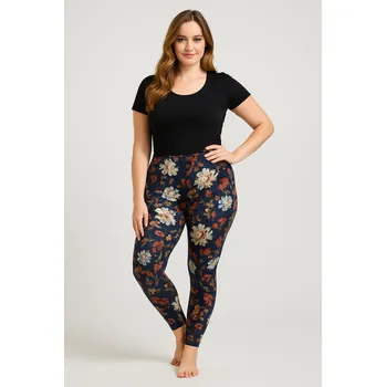 Dámské legíny NOVINKA- Dámské dlouhé legíny - modré s kvítím