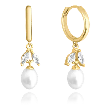 Náušnice 2602 MINET Zdobné pozlacené stříbrné náušnice přírodní perly s bílými zirkony