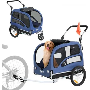 Přívěsný vozík pro psa Přívěs za kolo pro psy VEVOR, nosnost až 45 kg, 2v1 nosič kol na kočárek pro domácí mazlíčky, snadno skládací rám s rychloupínacími kolečky, univerzální spojka na kolo, odrazky, vlajka, modrá/černá